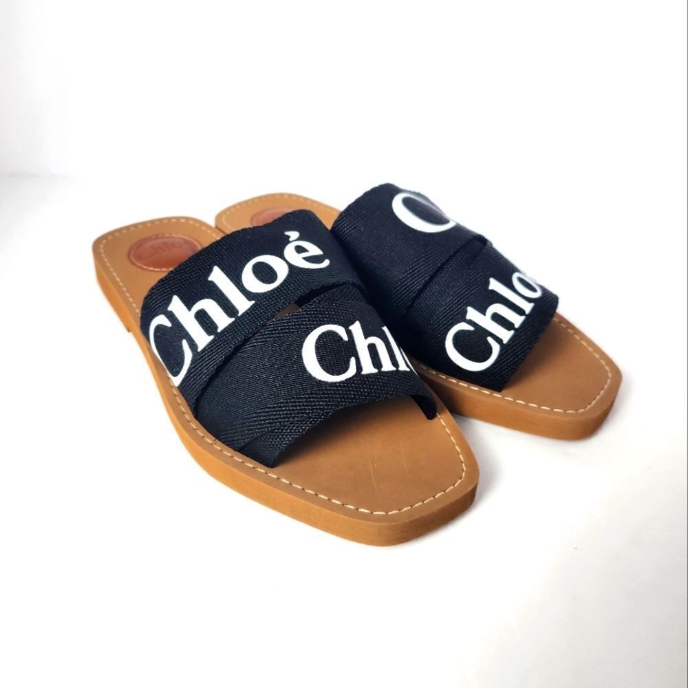 Chloe Woody Flat Logo Ribbon Black Slide Sandals Size 37 New - Picture 4 of 9